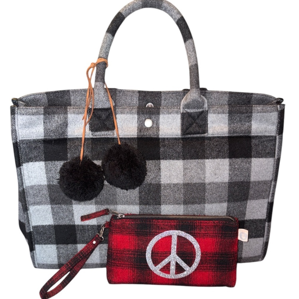 Quilted Koala Felt Checkered Tote Bag Winter Travel Carryon Black Grey Stripe XL